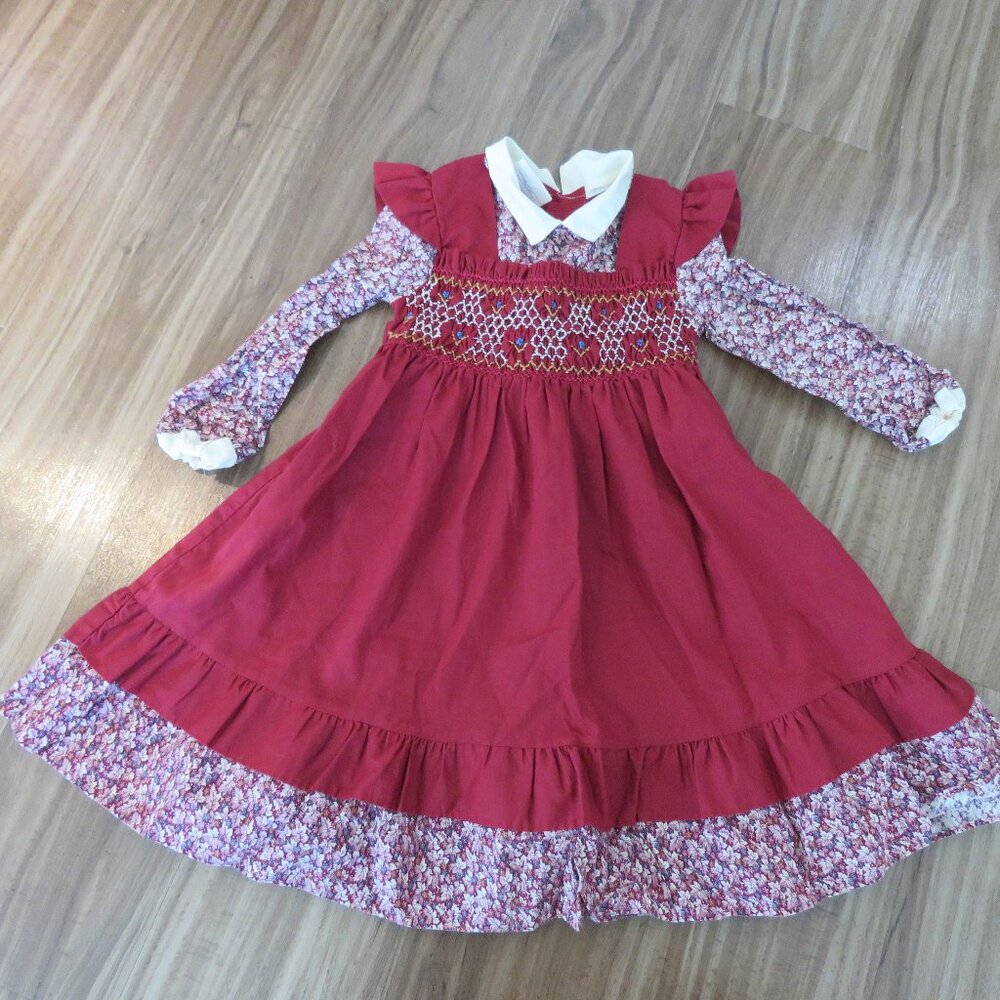 VINTAGE POLLY FLINDERS Smocked Floral Cottagecore Prairie Girl's Dress Church - Picture 2 of 13